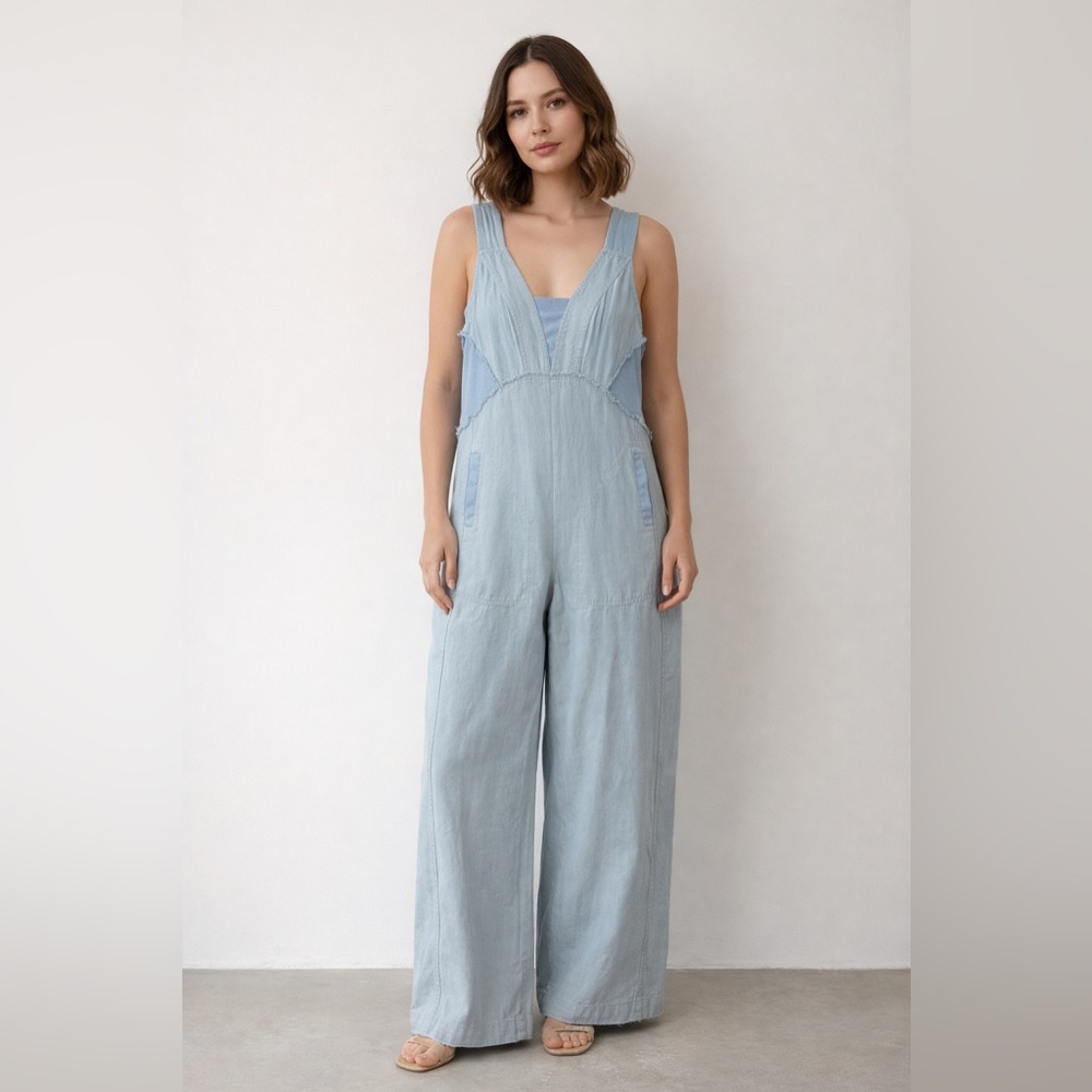 ee:some Light Blue fray seams wide legs Jumpsuit size small boho coastal